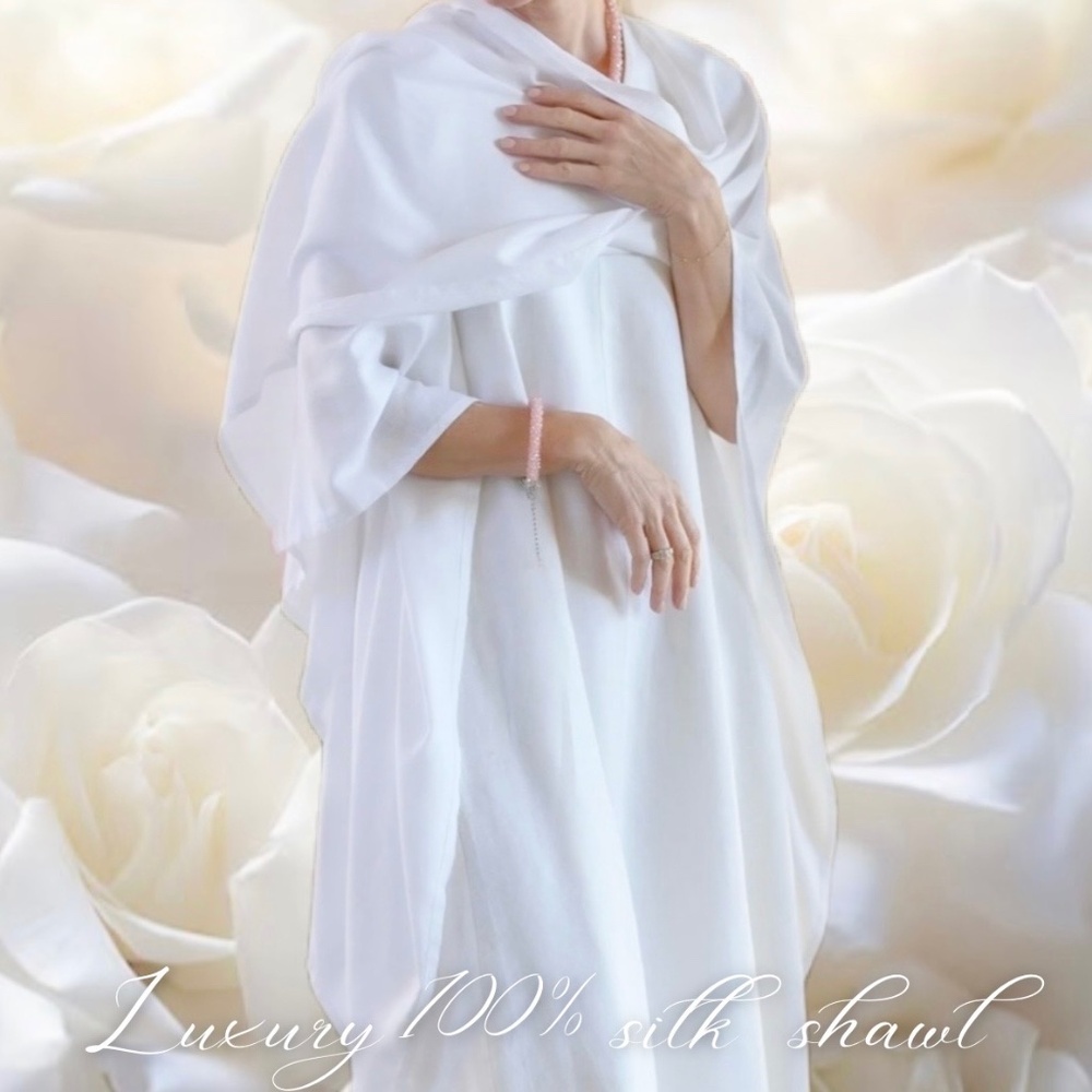 100% SILK White Shawl Scarf Wedding Large Satin Bridal Cover up Bridesmaid Wrap